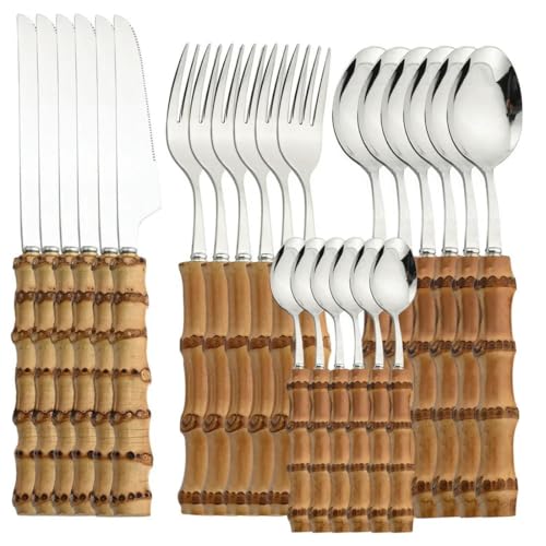 MYDESIDY Juego de vajilla de 24 Piezas, Juego de Cubiertos de bambú de Acero Inoxidable, Juego de Cubiertos con Mango, vajilla, Cuchillo para Carne, Cubiertos