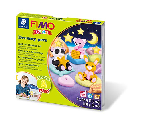 STAEDTLER Kit de jeu et de modelage FIMO Kids Dreamy-Pets - Pâte à modeler particulièrement douce - Projets passionnants adaptés aux enfants - Favorise la...