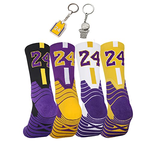 Joinfine #24 Sport 4 Pairs Elite Basketball Socks Athletic Sock Basketball Fans Crew Socks Gift for Men Women, One Size