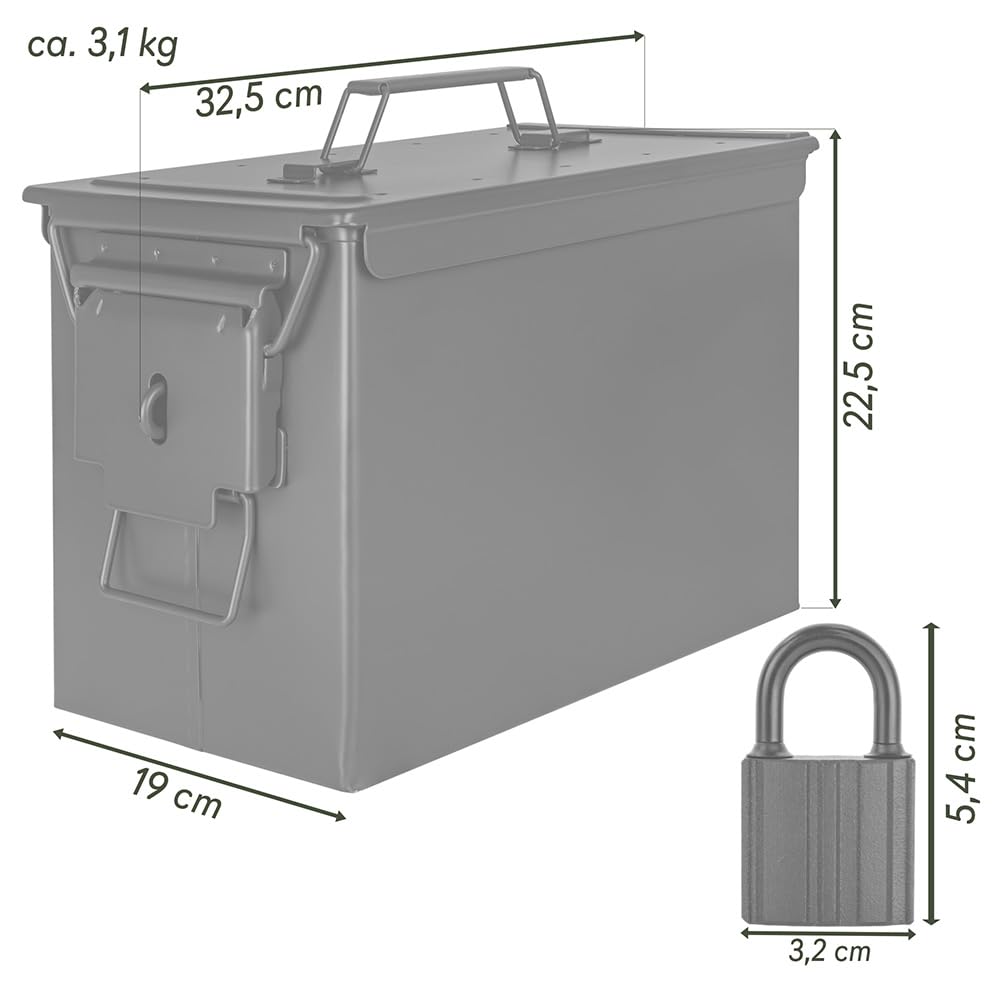 Trucky Munitionsbox mit Schloss 33x19x23 cm Ammo Box Metallkiste Metallbox Munitionskiste Aufbewahrungsbox mit Deckel Army Schwarz Metall