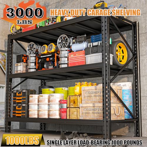 Image of Heavy Duty Metal Garage Shelving Unit, 3-Tier Adjustable Storage Shelves, 3000LBS for Garage & Basement, Kitchen and Pantry Industrial Steel Rack, Ideal for Tool Organization & Storage, Black, 67 inchW
