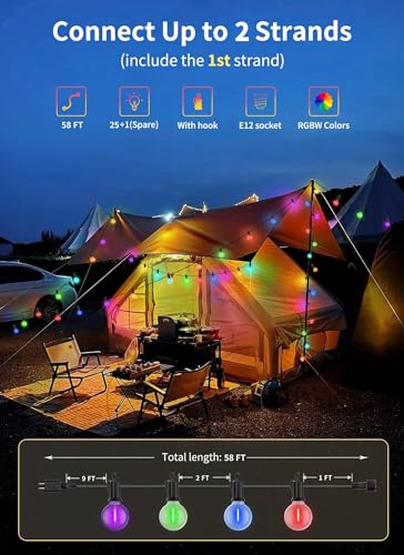 Brightown RGBW Outdoor String Lights, 58FT LED Patio Lights with Remote and Timer, Commercial Grade Waterproof Hanging Lights with 27 Shatterproof Bulbs(2 Spare) for Backyard Porch Garden Party Decor