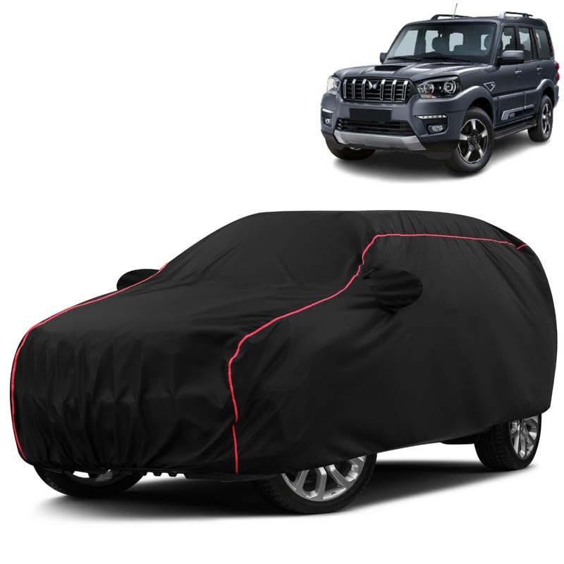 VOICO Water-Resistant Dustproof Car Cover for Mahindra Scorpio Classic - Mirror Pocket, UV Protection, Scratch Guard, Buckle Belt, Front & Back Bottom Elastic with Red Piping - Black-image-30