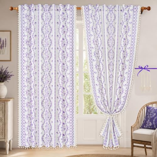 Image of Yinhua Boho Curtains for Living Room 84 Inch Length Vintage Linen Curtains for Bedroom Light Filtering Window Curtain Rod Pocket & Back Tabs Rustic Tassel Drapes with Tiebacks, White Purple