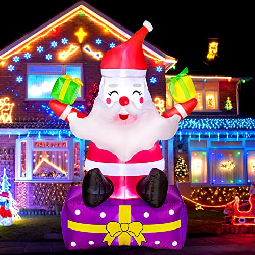 6 Ft Christmas Inflatable Outdoor Decorations - Inflatable Santa Claus with Gift Boxes - Xmas Santa Claus Blow Up Yard Decor - Built-in LED Lights - Includes Tethers and Stakes for Yard, Lawn, Garden