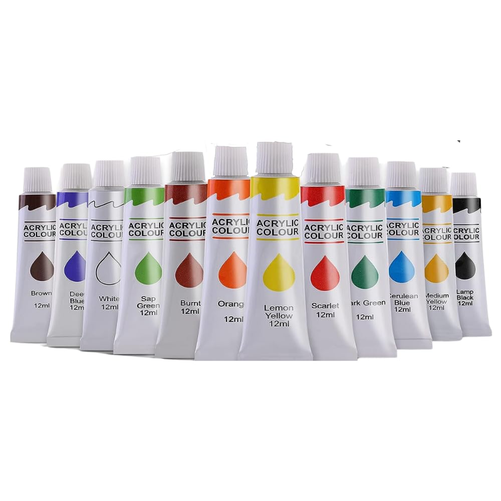 THR3E STROKES Acrylic Paint Tubes, 12 Colours 12Ml Art Canvas Crafts Acrylic Colours Paints Tubes Set Perfect For Wood Rock Painting For Beginners Students Adults Great Gift Idea, 12 Colour, Multi