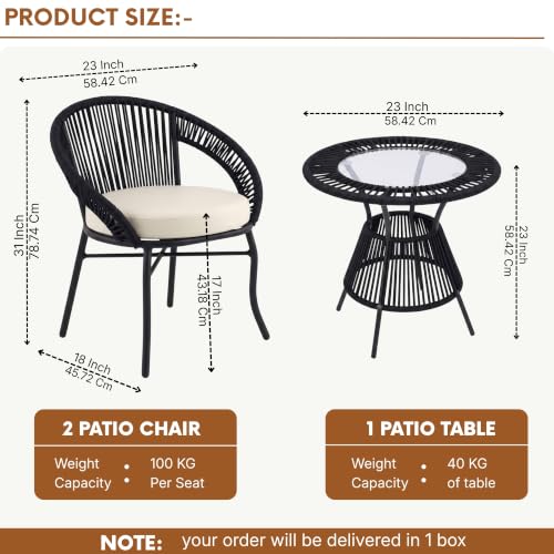 Image of DEVOKO Bliss 3 Piece Outdoor Patio Rope Conversation Set with Glass Top Table (Black /Off-White), Powder-Coated Metal Frame & Water-Resistant Cushions for Balcony, Garden, Terrace