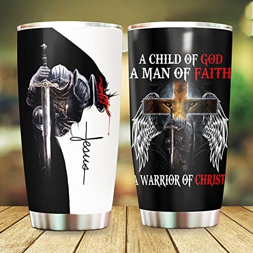 A Child of God Man of Faith Warrior of Chirst Jesus Tumbler - Christian Gifts For Men Dad Husband, Christmas Gifts, Birthday gifts for Men Dad Husband Grandpa, 20oz Stainless Steel Tumbler with Lid
