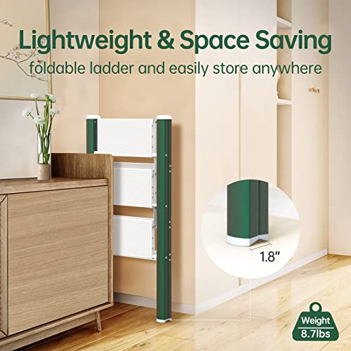 Foldable Step Ladder 3 Stepping Stool-Aluminium Kitchen Step Stools,Folding 330Lbs Lightweight Ladders With Anti-Slip Wide Pedal,Portable Kids/Adults Small Ladder For Library,Closet,Green White #TOP1