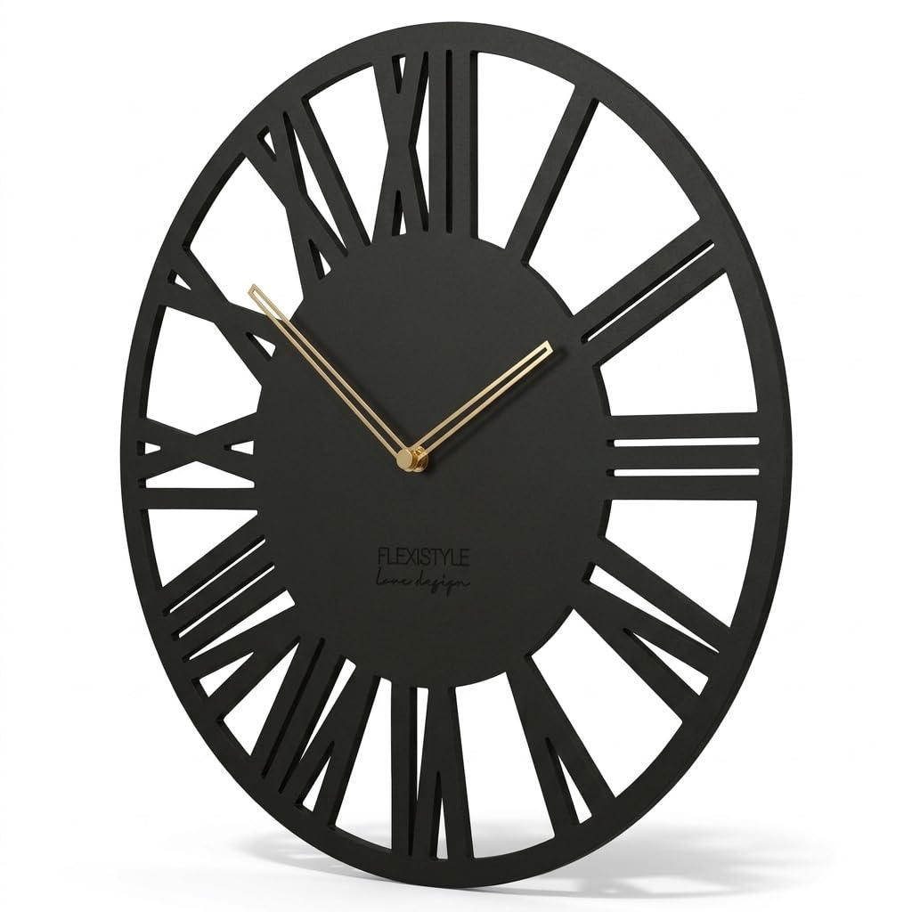 FLEXISTYLE Orologio da parete grande Adulto diametro 50 cm LOFT Retro in legno rovere senza ticchettio soggiorno (nero)