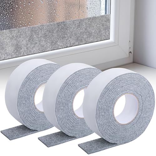 Nkiy Quen 3 Roll 16.4Ft x 2Inch Window Condensation Prevention Absorber 5mm Thick Condensation Water Moisture Absorber Tape Reusable Gray Window Condensation Absorber Strips to Prevent Condensation
