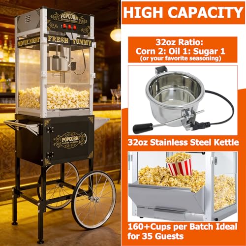 Image of Commercial Popcorn Machine with Cart & Wheels - 32OZ Stainless Steel Kettle, Vintage Style, Tempered Glass | Large Capacity for Home, Parties, Movie Theater (Black)