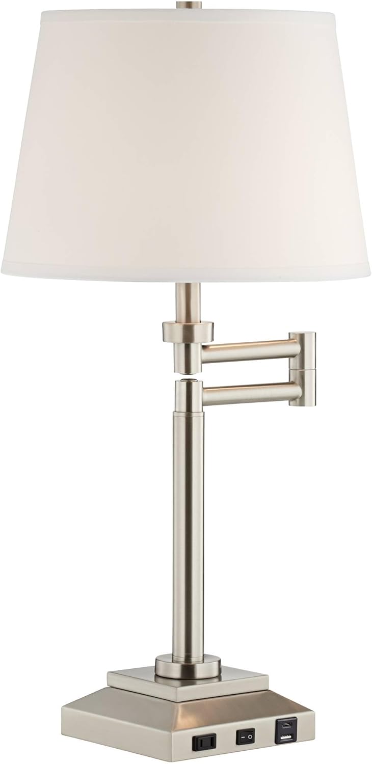 360 Lighting Camber 29" Tall Modern Swing Arm Hotel Style Desk Table Lamp with USB Charging Ports A+C and AC Power Outlet in Base Brushed Nickel Linen Shade Living Room Bedroom House Bedside Reading