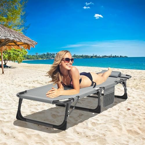Obqer Folding Lounger, 200KG Belastbarkeit Klappbett Gästebett mit Matratze, Seitentaschen und Kopfstütze, verstellbare Rückenlehne, einfach zu montieren, geeignet für Garten, Sonnenbaden, Büro