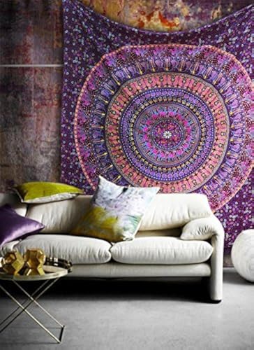 Popular Handicrafts Tapestry Wall Hanging Hippie Mandala Bohemian Hippy Psychedelic Intricate Floral Design Indian Tapestries Bedspread 84 x 90 Inches (215cm x 230cm) Red Yellow