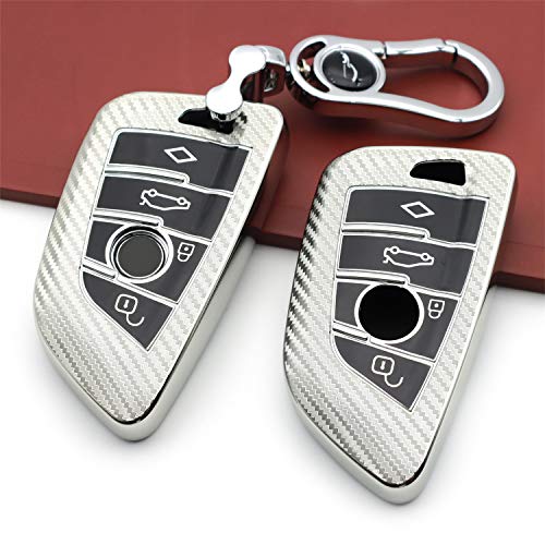 M.jvisun Soft Carbon Fiber Finish Car Key Fob Cover For Bmw 2 Series 3 5 6 7 Series Gt5 M4 M5 X1 X2 X3 X5 X5M X6 X6M X7 Electroplated Tpu Case With Metal Keychain - Silver #TOP5