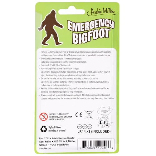 Image of Archie McPhee: Emergency Bigfoot - Electronic Sound Maker, 3.5 inch Handheld Device, 4 Sasquatch Noises: Howl-Snort-Roar-Groan, Camping Pranks Novelty Toy