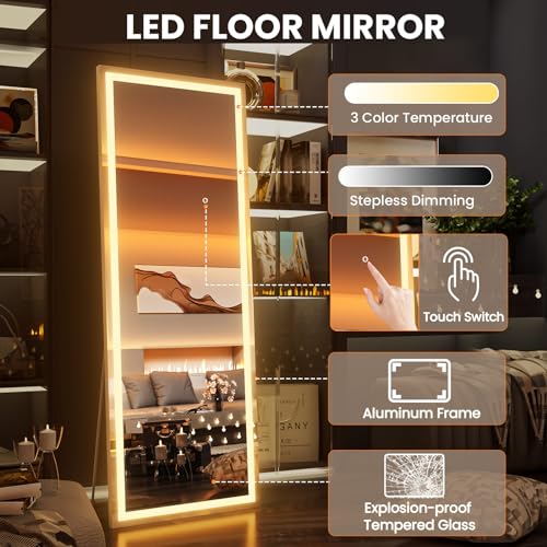Image of Pertetey 75x28 Inch LED Full Length Mirror with Lights, White Frame Dimmable & 3 Color Modes Floor & Wall Mounted Long Mirror