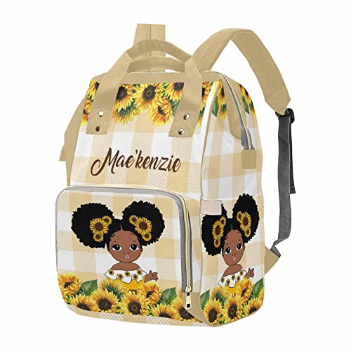 M YESCUSTOM Personalized Name Diaper Bag for Women, Customized Sunflowers Casual Nursing Mommy Daypack, Yellow Checks Nursing Backpack with Large Capacity