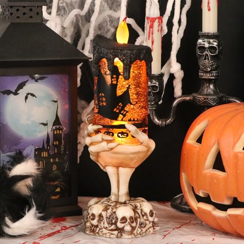 Image of Halloween Snow Globe Flameless Candle with Timer, Battery Operated Tornado Lamp Skeleton Hand Candle Holder Yellow Light Glittering Spinning Water Halloween Table Decor(Bats, 4 inch x 10 inch)