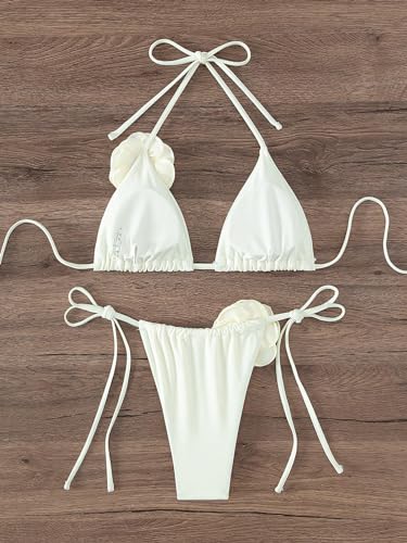 OYOANGLE Women's Bikini Set 2 Piece Floral Appliques Tie Backless Halter Triangle Swimsuit Tie Side Bathing Suits2
