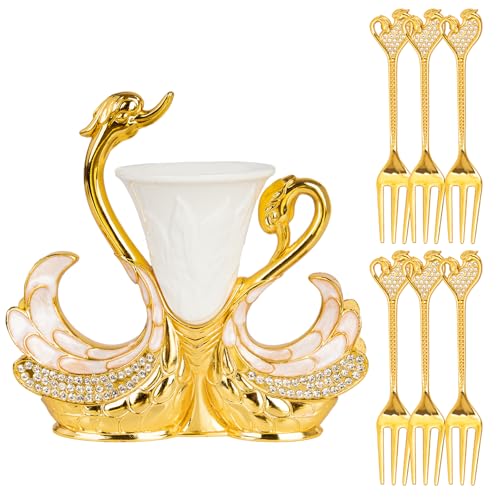 Gold Dessert Forks, Swan Base With 6 Pcs Mini Forks Set,4.5" Charcuterie Forks- Very Suitable for Dessert Shops or Family Use