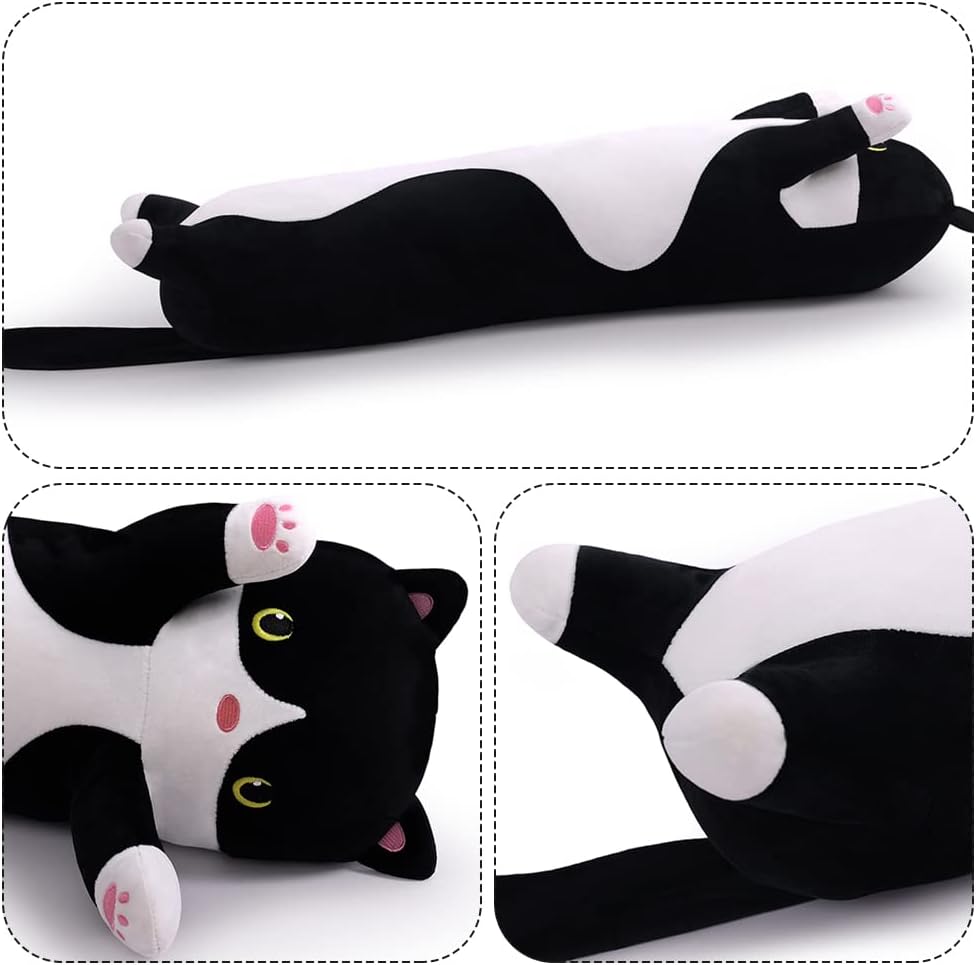Soft Plush Cat Body Pillow, Long Stuffed Animal Toy Kitten Throw Pillow Gift for Kids, Girlfriend (110CM, White&Black)