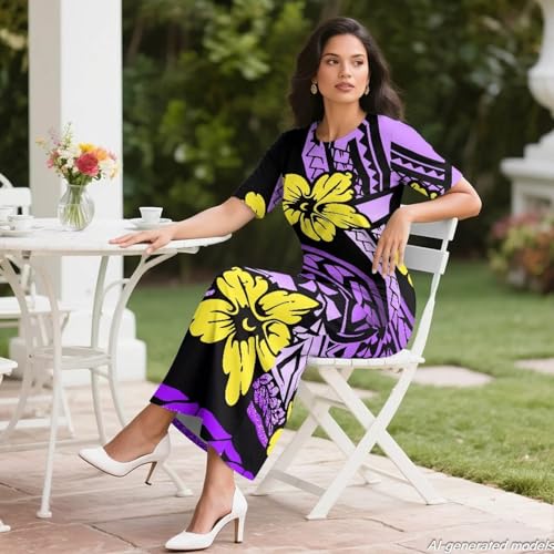 Image of Polynesian Dress for Women Short Sleeve High Waist Maxi Skirt | Puletasi dress, t-shirt and skirt two-piece, elastic material, lightweight, soft, plus size, luau party, wedding, clubwear