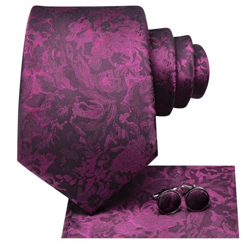 Image of Dubulle Mens Tie Set Solid Paisley Silk Striped Necktie for Men with Cufflinks Tie and Pocket Square,Purple Hot Pink