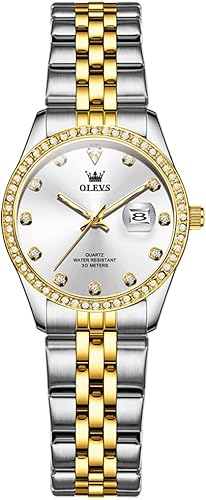 OLEVS Reloj de acero inoxidable para mujer, estilo vintage, dorado, plateado, de dos tonos, analógico, de cuarzo, casual, impermeable, con