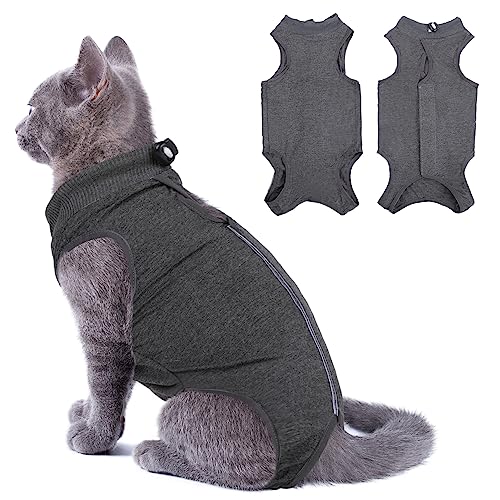 SUNFURA-Cat-Recovery-Suit-Cat-Onesie-for-Cats-After-Surgery-Breathable-Cat-Surgical-Spay-Suit-for-Abdominal-Wounds-Skin-Diseases-E-Collar-Alternative-Cat-Surgery-Shirt-Anti-Licking-Grey-S