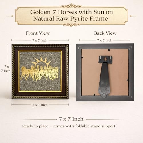 Image of ZENVIBES Original Pyrite Stone Frame with Vastu 7 Seven Running Horses & Sun | Wooden Photo Frame Wall Decor for Money, Wealth, Success & Protection | Certificate of Authenticity | 7x7 Inch Wall & Desk Decor