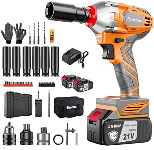 Etersec Cordless Impact Wrench 1/2 Inch High Torque 370 Ft-Lbs (500N.m), With 2x 4.0Ah Lithium Batteries,1 Fast Charger, 15 Sockets,4 Drills,10 Screwhead,Brushless Electric Impact Gun For Car Home