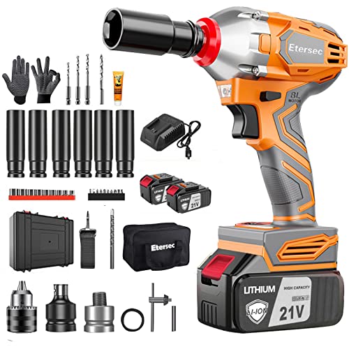 Etersec Cordless Impact Wrench 1/2 Inch High Torque 370 Ft-Lbs (500N.m), With 2X 4.0Ah Lithium Batteries,1 Fast Charger, 15 Sockets,4 Drills,10 Screwhead,Brushless Electric Impact Gun For Car Home #TOP22
