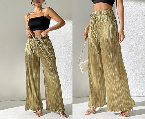 heipeiwa Women's Metallic Wide Leg Palazzo Pants Pleated Party Club Sequin Shiny Flare Pant Trouser4