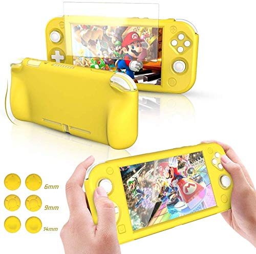 Case Cover for Nintendo Switch Lite with Glass Screen Protector, Silicone Rubber Ergonomic Grip Cover Shock Absorption Anti-Scratch Case for Nintendo Switch Lite Console, Yellow