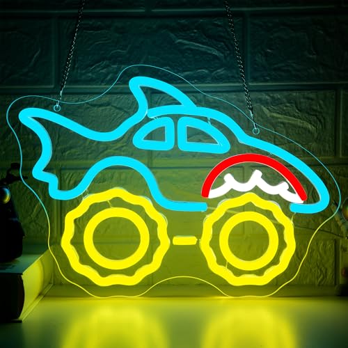 Monster Truck Neon Sign for Wall Decor Dimmable Shark Truck Neon Light for Man Cave Led Shark Car Sign for Garage Bedroom Game Room Beer Bar Beach Party Christmas Birthday Gift 13.3 * 9.4In(