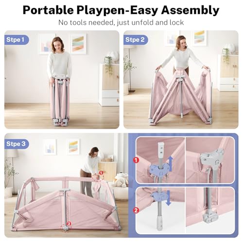 Image of Baby Playpen Portable, Pre-Assembled Play Pen 71x79 Large Foldable Playpen for Babies and Toddlers, Sturdy and Safe Toddler Play Yard Indoor Outdoor with Carry Bag, Pink