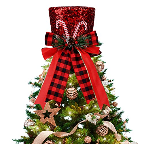 Christmas Tree Topper Hat, Large Red Sequins Bowler Derby Hat With Pinecone, Pine Needle And Christmas Color Bowknot For Seasonal Holiday Table Fireplace Decorations #TOP15