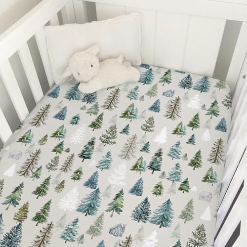Image of Boho Green Trees Baby Crib Sheet 52''x28'' Retro Pine Trees Stretchy Fitted Crib Mattress Cover for Boy Girl Winter Holiday Soft Baby Bed Sheets for Standard Crib and Toddler Mattresses