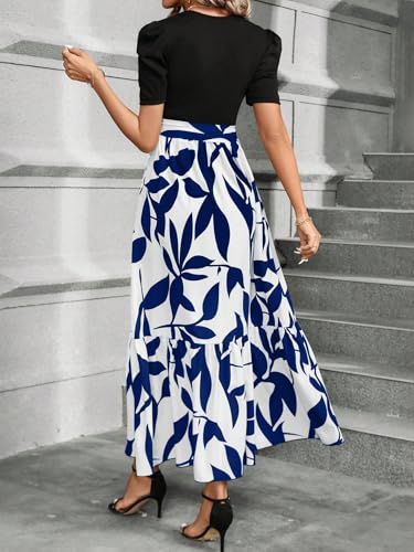 Image of PerZeal Women's Casual Summer Crewneck A Line Short Sleeve Print Flowy Boho Long Maxi Dress with Belt