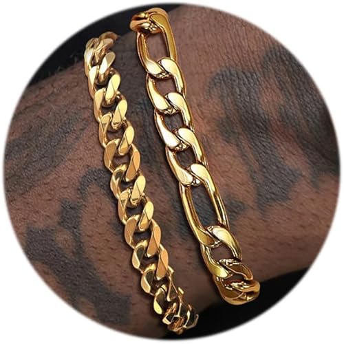 Juego de 2 pulseras de acero inoxidable para hombre, chapado en oro de 14 quilates, eslabones cubanos de cuerda fígaro, juego de pulseras