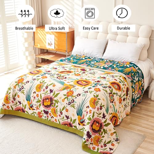 Boho Throw Blanket 50" x 60", 100% Organic Cotton Skin-Friendly Soft Bed Quilt Throw - All Season Floral Rustic Farmhouse Decor Luxury Blanket for Sofa Couch Chair and Gift.