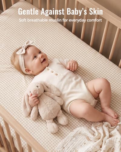 Image of Blissful Diary Muslin Crib Sheets, 2 Pack, Beige Gingham & Brown Gingham | fitted for 52''x28'' crib mattress, soft and breathable cotton, boho style, easy care for machine wash, gift for boy and girl