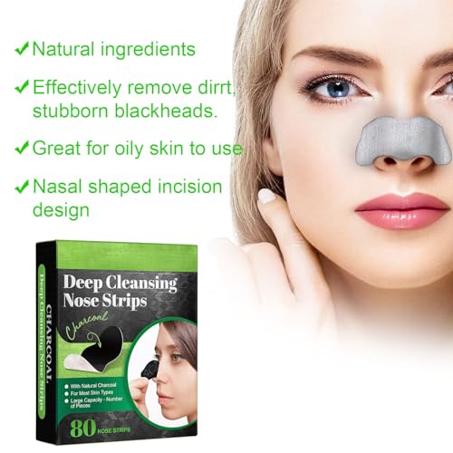Mitesser Nasenstrips 80 Stück, Nose Mitesser Pore Strips,Nasen Mitesser Strips,Anti Mitesser Nasenstrips,Poren Reinigung mit Aktivkohle, Entfernen Mitesser und Unreinheiten