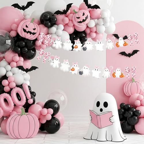 Image of Oudain 2 Pack Pink Halloween Garland Ghost Decor 6.56 ft Cute Pink Bow Bat Pastel Girly Paper Hanging Halloween Banner for Birthday Kids Party Boo Decor a Little Boo Is Almost Due Baby Shower