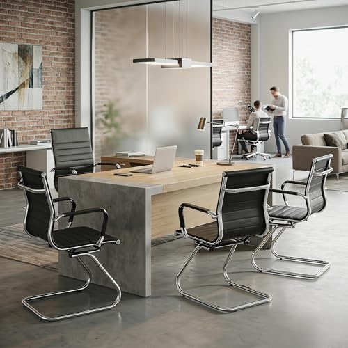 Image of HNY Leather Office Guest Chairs & Reception Chairs Set of 4, Modern Waiting Room Chairs with Arms, Desk Chair no Wheels with Sled Base for Waiting Room /Conference Room, Black