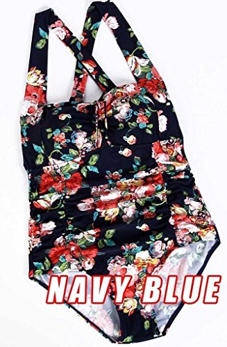 Women's Retro Floral Halter Vintage Ruched Fold Swimsuit Swimwear ,Navy,US XL/Asian 4XL