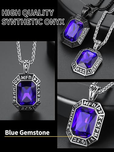 Image of ChainsHouse Viking Rune Pendant Necklace for Men Women, Punk Biker Black Metal /316L Stainless Steel Onyx Norse Vintage Amulet Necklaces with Black /Red /Green /Blue Gemstone, Send Gift Box