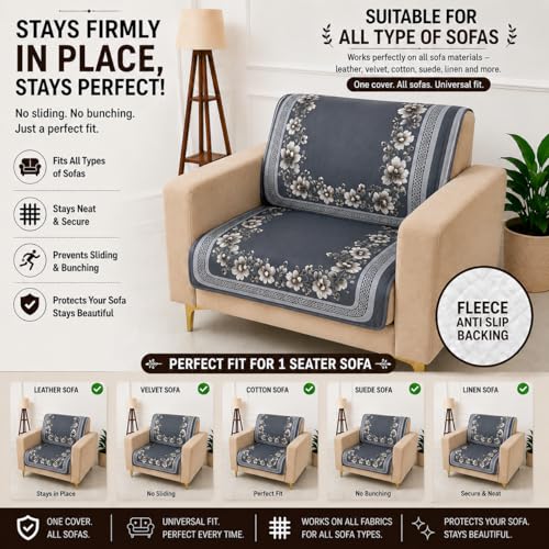 Image of Homerz Premium 'Luxe Series' Holland Velvet Sofa Cover | Smooth Finish | Anti-Skid Fleece Backing | Soft Touch Couch Protector for Living Room (Grey, 1 Seater, Seat Cover with Backrest)